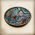 Rope Edge Turquoise Brown Floral Leather Belt Buckle 902L