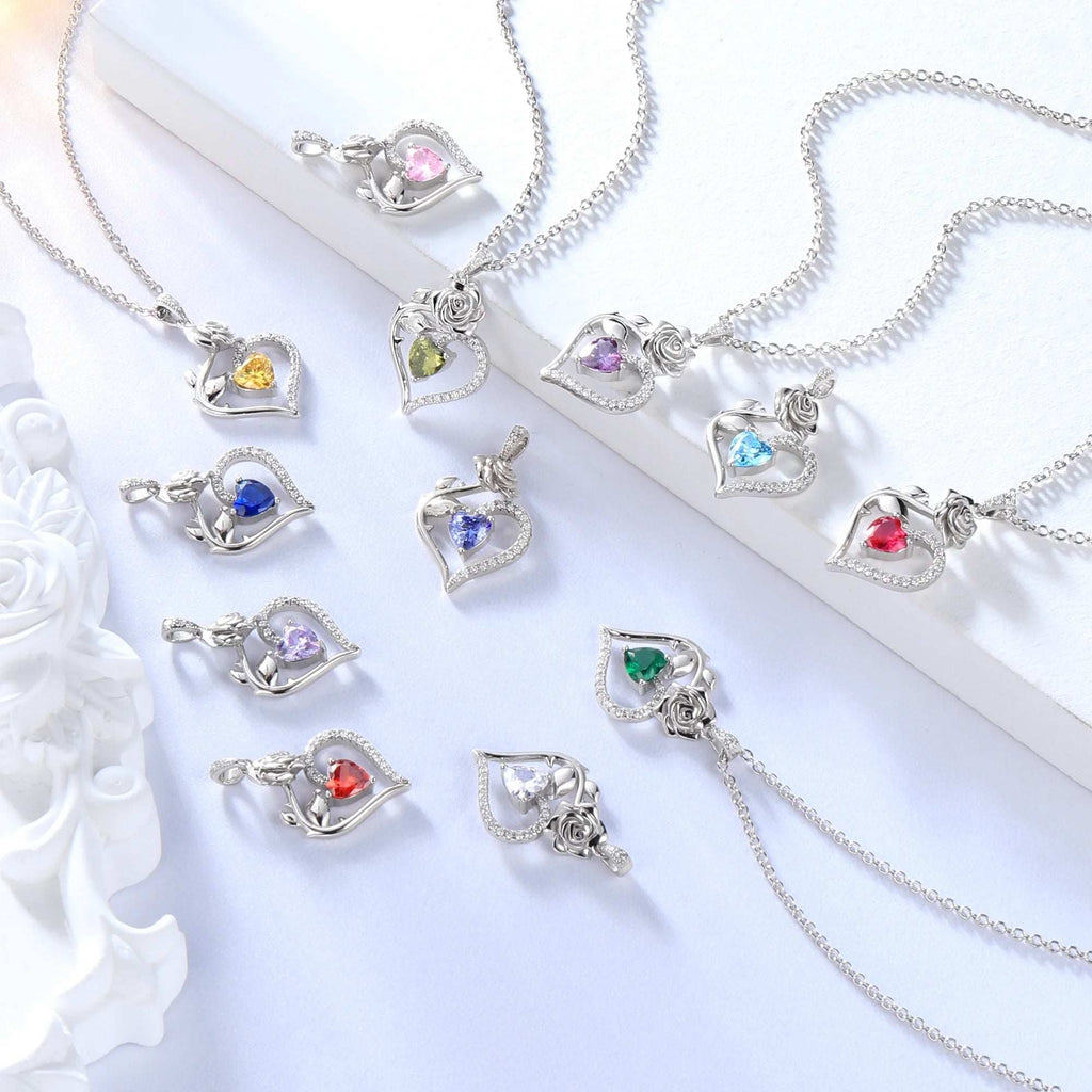 925 Sterling Silver Birthstone Necklace Rose Flower Heart Pendant Jewelry Christmas Valentines Mother'S Day Gifts for Women Mom Wife/Lover
