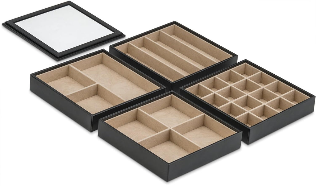 Co Jewelry Organizer Tray - 4 Stackable Trays & Lid with Mirror - 27 Slot Storage for Drawer, Dresser - Black