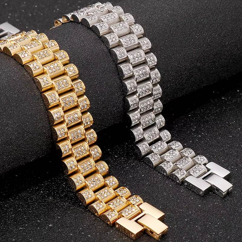 IceLink™ 18MM Gold Strap Chain Bracelet on wrist, wide gold stainless steel hip-hop style jewelry
