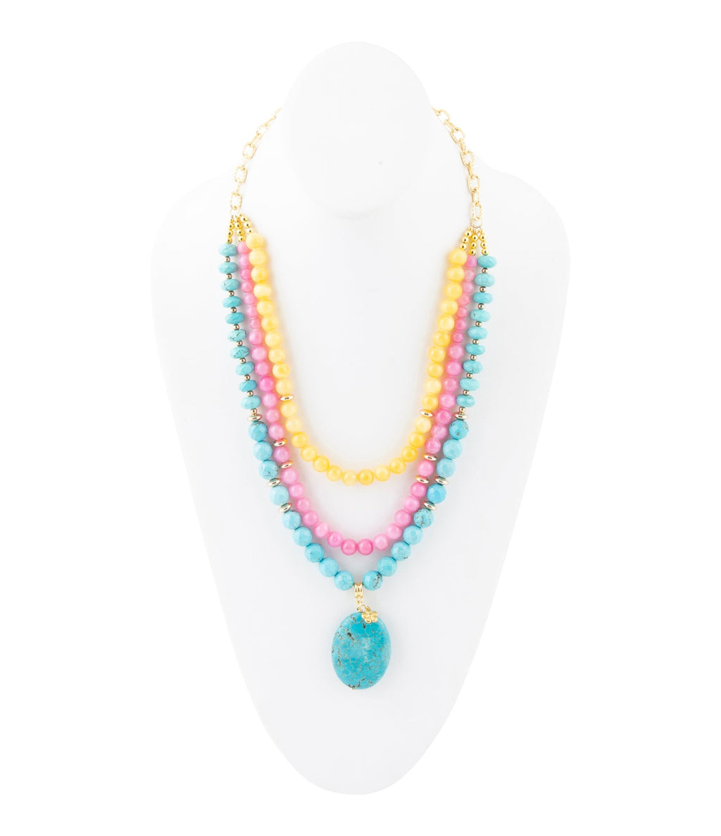 St. Augustine Pink Agate and Blue Turquoise Golden Pendant Necklace