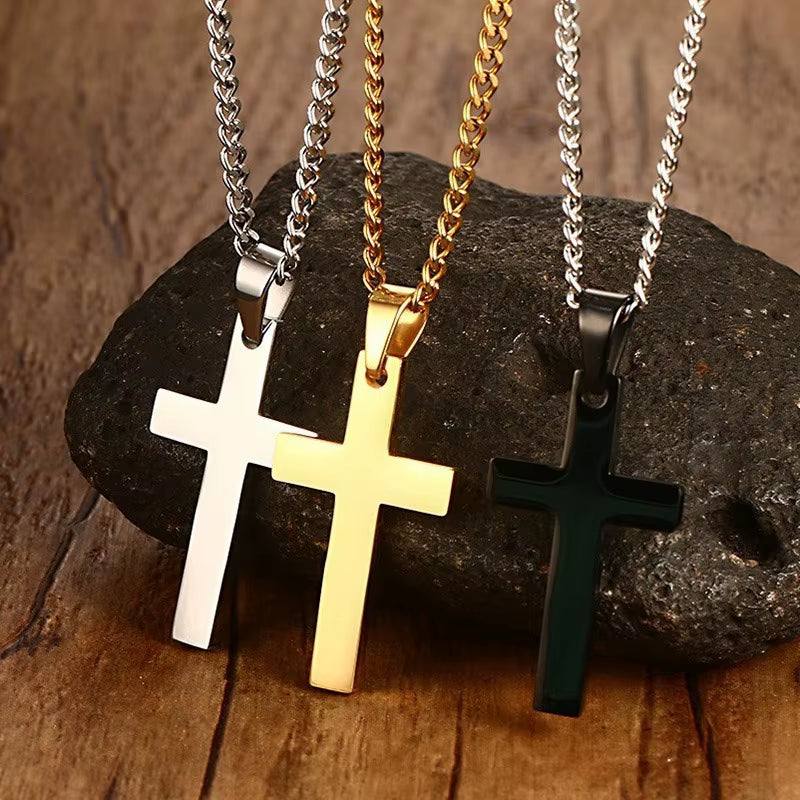 Titanium steel cross pendant necklace on sweater chain for unisex layering style