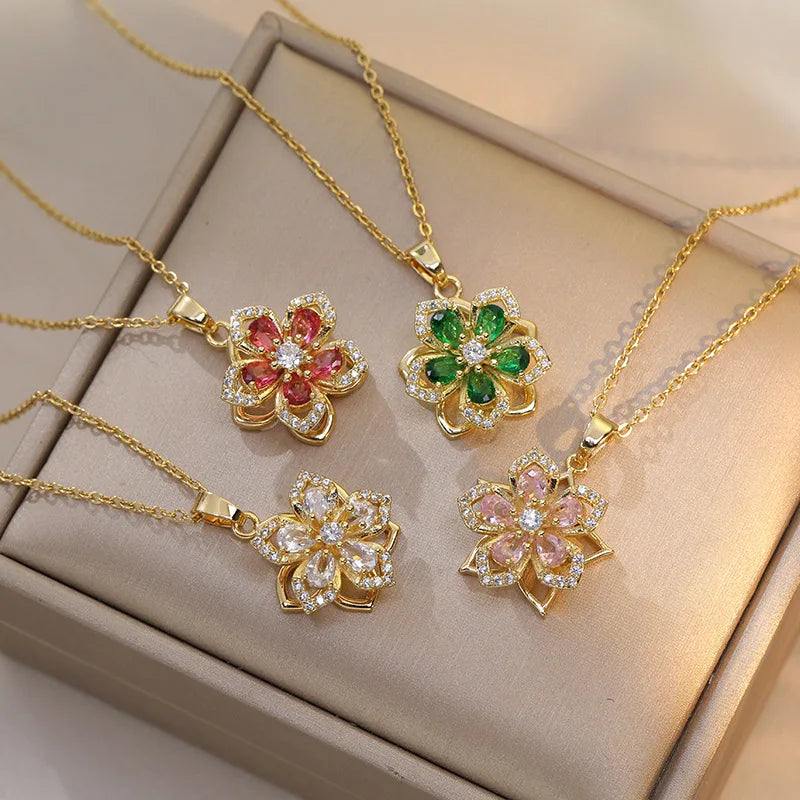Eternal Bloom Rotatable Flower Necklace gold-plated with spinning flower and zirconia centerpiece