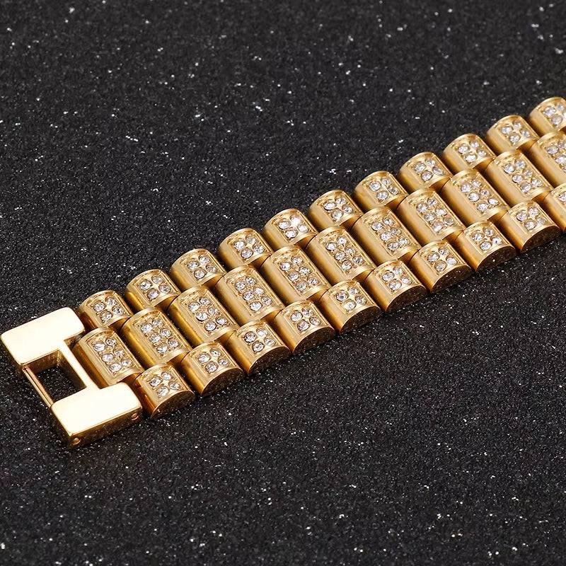 IceLink™ 18MM Gold Strap Chain Bracelet on wrist, bold hip-hop style stainless steel jewelry