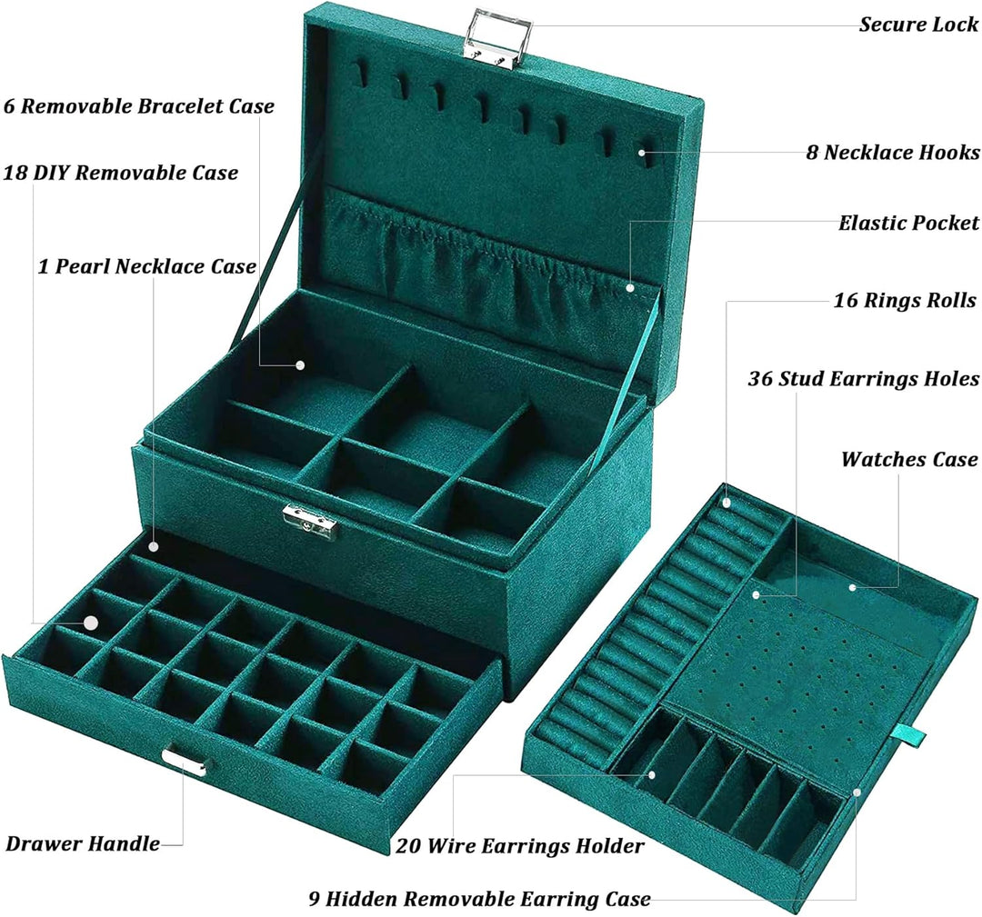 Jewelry Box for Women with Drawer, 3-Layer Large Jewelry Organizer with Lock & Key, 8 Necklace Hooks & 56 Earring Holes, Green Velvet Jewelry Storage Box for Necklaces Earrings Rings Bracelets