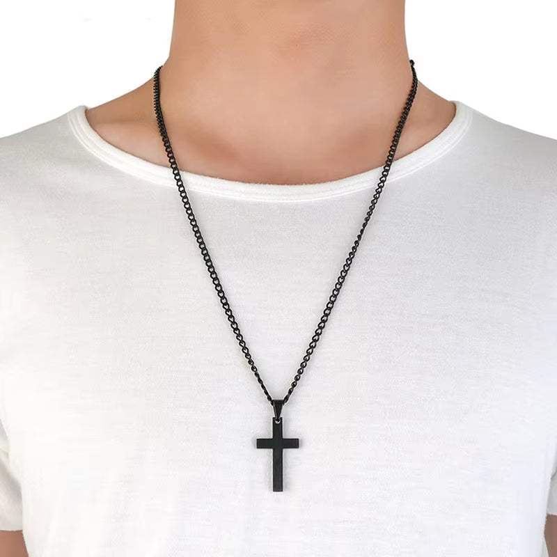 Titanium steel cross necklace with bold unisex sweater chain pendant for cold-season layering