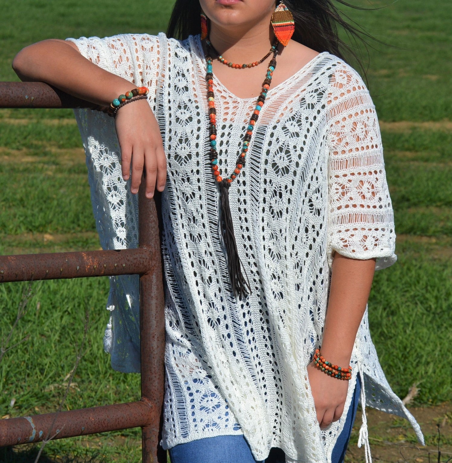 **Multi-Colored Turquoise Necklace with Wood Beads & Leather Tassel 236B