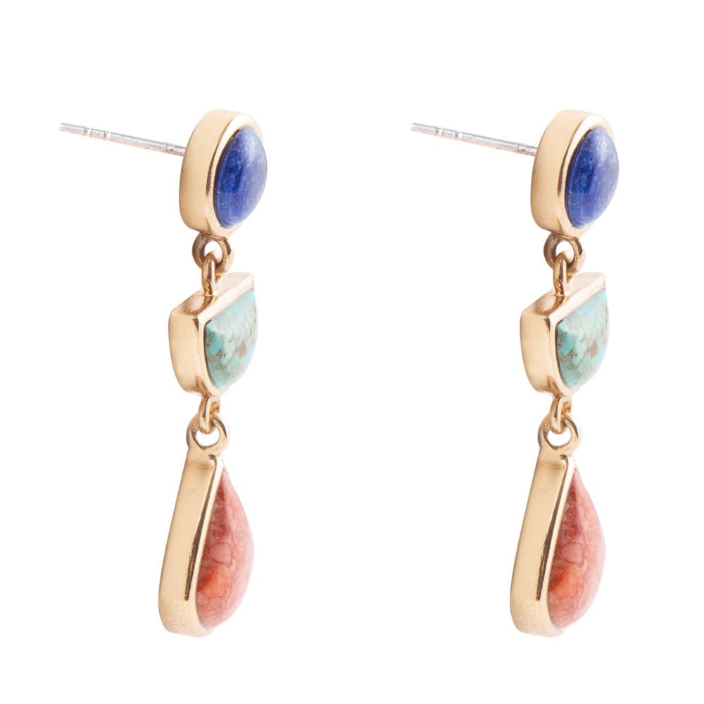 Boucles d'oreilles pendantes dorées colorées en lapis-lazuli, turquoise et corail éponge orange