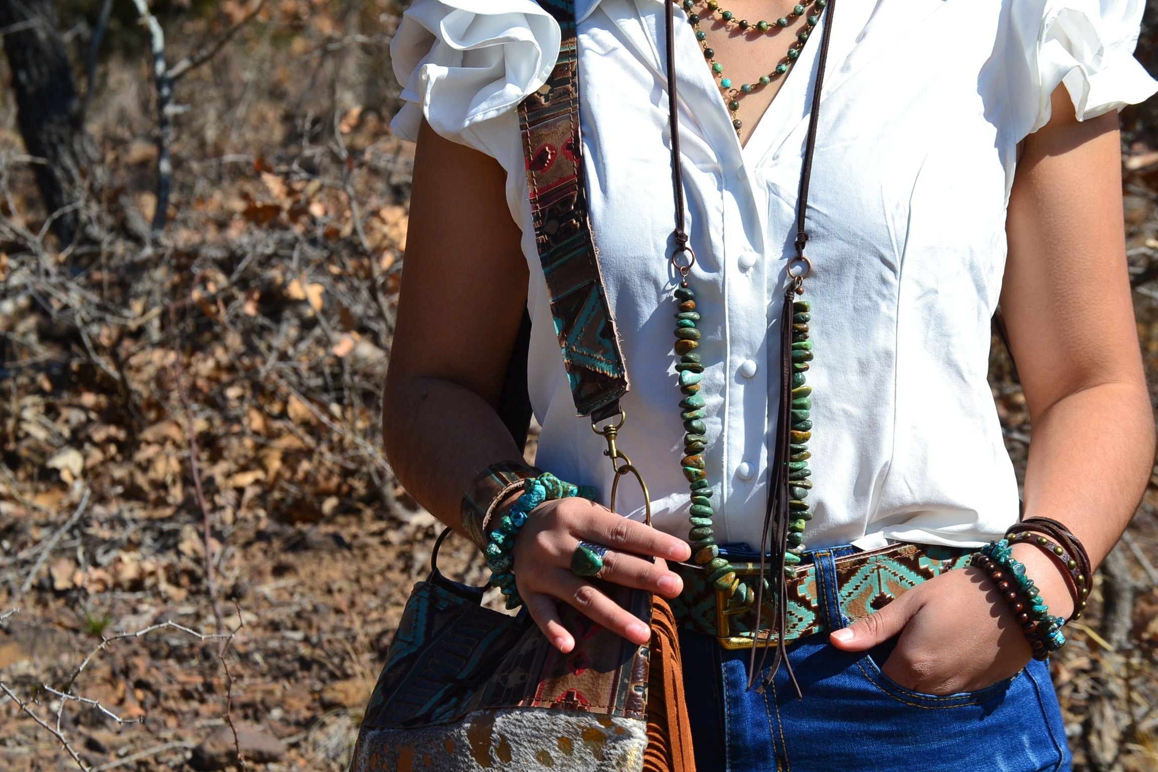 Natural Turquoise Necklace with Side-Tie Vegan Leather Tassel 245c