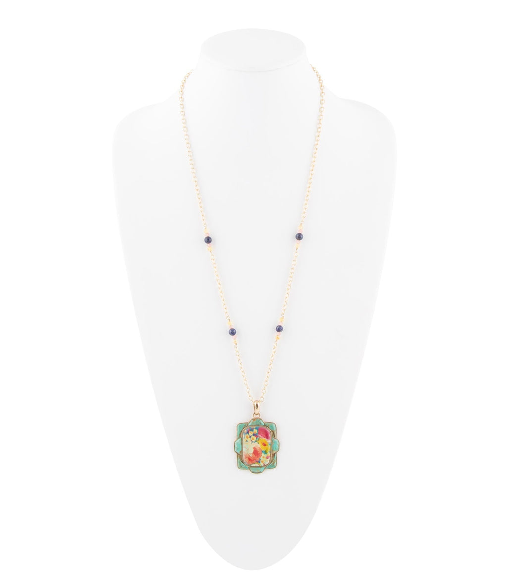 Scenic Floral and Blue Turquoise Golden Pendant Necklace
