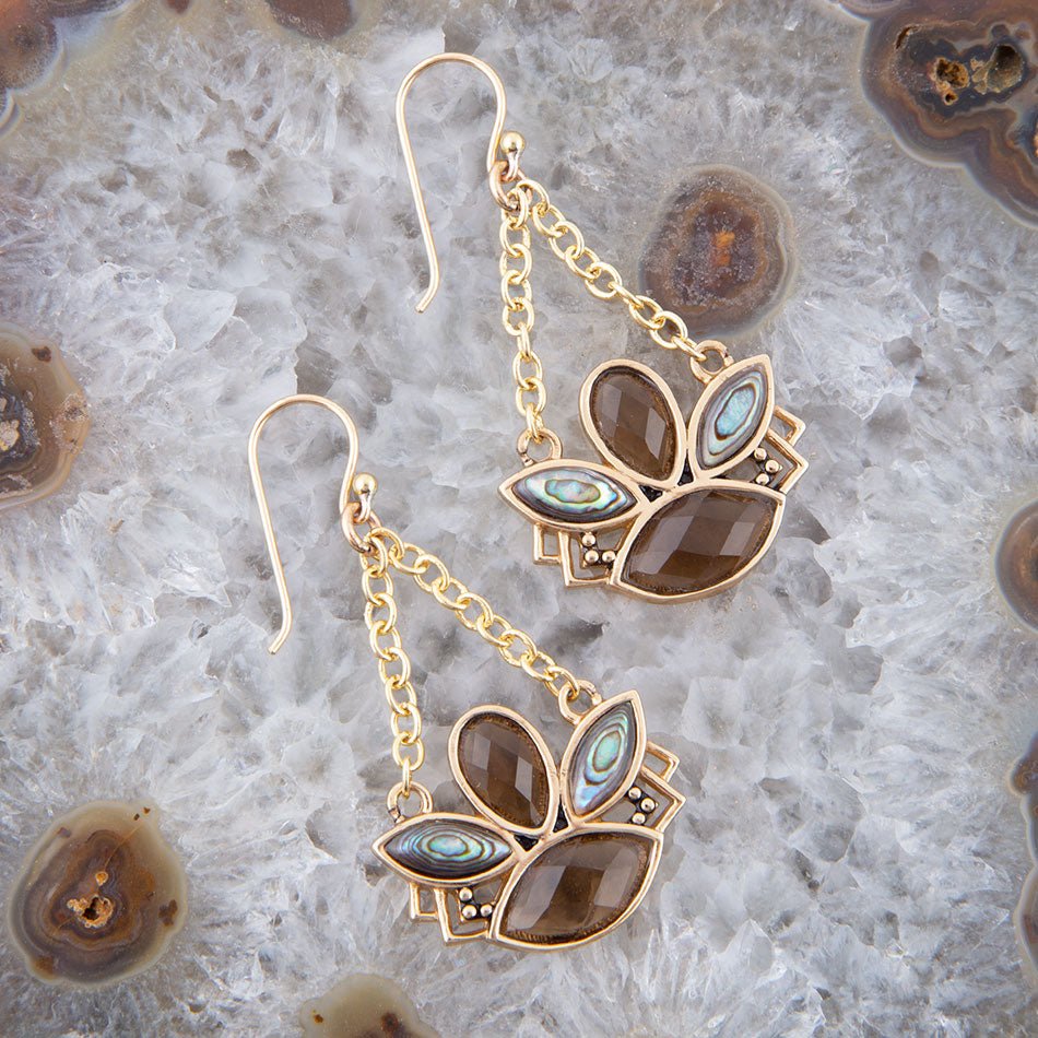 Tribecca Blue Abalone Black Smoky Quartz Golden Drop Earrings